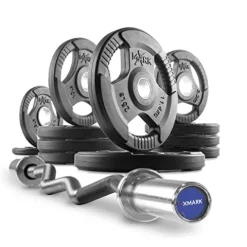 XMark Olympic Curl Bar with Weights 115 lb Set TRI-Grip Plates Rubber Coated XM-3377 EZ Curl Bar