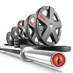 XMark Olympic Weight Set 205 lb Texas Star Rubber-Coated Barbell Bar & Weight Set Black