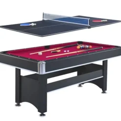Yoptote 6ft Mid-Size Pool Table with Table Tennis Top and Accessories Black+Red