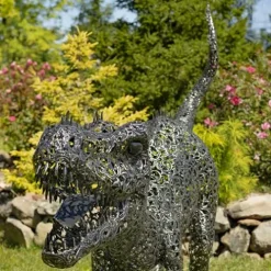 Zaer Ltd. 5.6 ft. Tall Crouching Tyrannosaurus Rex Outdoor Metal Statue “T-Bone” Metallic