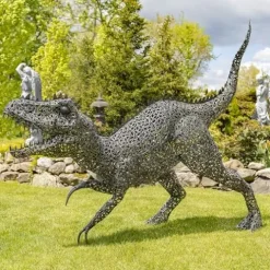 Zaer Ltd. 7.33ft Tall Giant Metal Tyrannosaurus Rex Garden Statue Chompers Metallic
