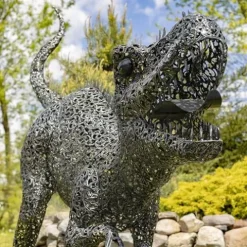 Zaer Ltd. 7.33ft Tall Giant Metal Tyrannosaurus Rex Garden Statue Chompers Metallic