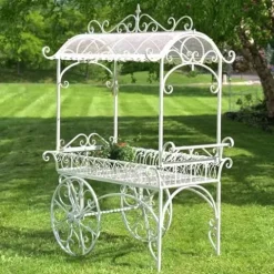 Zaer Ltd. Large Metal Commercial Flower Cart Display with Roof Antique White