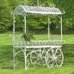 Zaer Ltd. Large Metal Commercial Flower Cart Display with Roof Antique White