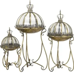 Zaer Ltd. Set of 3 Glass Dome Terrariums with Iron Stands Frosted Gold
